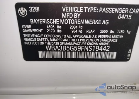 2015 BMW 328I xDrive from USA, damaged, VIN WBA3B5G59FNS19442